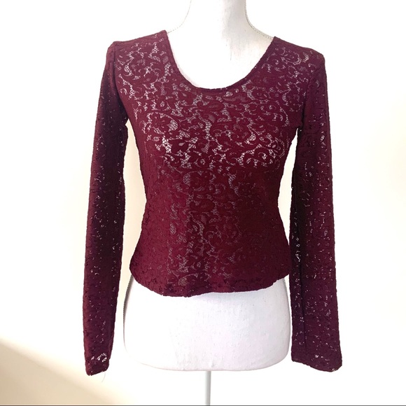Vintage Maroon Long Sleeve Lace Crop Top M - Picture 4 of 5